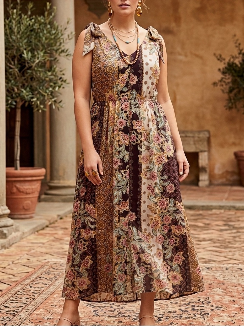 Lane Bryant Floral Patchwork Tie Shoulder Maxi Dress Plus Sz 18 Multicolor Boho